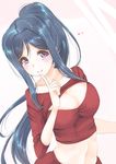 blue_hair breasts cleavage eyebrows_visible_through_hair finger_to_mouth frapowa heart index_finger_raised large_breasts light_blush long_hair long_ponytail love_live! love_live!_sunshine!! matsuura_kanan meme_attire midriff navel open-chest_sweater ponytail purple_eyes red_sweater ribbed_sweater smile solo sweater upper_body 