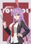  animal_ears baseness bespectacled black-framed_eyewear blazer bunny_ears copyright_name eyebrows_visible_through_hair glasses hand_on_hip highres jacket long_hair necktie one_eye_closed purple_hair red_background red_eyes red_neckwear reisen_udongein_inaba smile solo touhou very_long_hair 