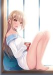  bad_id bad_pixiv_id bare_shoulders barefoot blonde_hair blush cup highres indoors long_hair looking_at_viewer mug open_mouth original sakurai_unan sitting solo window yellow_eyes 