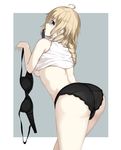  arched_back ass black_bra black_panties blonde_hair blue_eyes bra bra_removed braid breasts fate/apocrypha fate/grand_order fate_(series) from_behind highres holding holding_bra jeanne_d'arc_(fate) jeanne_d'arc_(fate)_(all) long_braid long_hair looking_at_viewer looking_back medium_breasts mouth_hold niii_(memstapak) pale_skin panties shirt shirt_lift sideboob single_braid sleeveless sleeveless_shirt solo underwear white_shirt 
