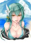  absurdres beach bikini bikini_top commentary_request day fate/grand_order fate_(series) green_hair hair_between_eyes hair_ornament highres kiyohime_(fate/grand_order) kiyohime_(swimsuit_lancer)_(fate) lips long_hair looking_at_viewer multiple_horns shoukaze_(syoubu0615) solo swimsuit yellow_eyes 