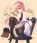  :o ankle_boots black_dress boots boots_removed brown_footwear commentary_request dress fate/grand_order fate_(series) floral_background full_body hair_over_one_eye holding jacket knees_to_chest knees_up long_sleeves looking_at_viewer mash_kyrielight necktie off_shoulder open_clothes open_jacket open_mouth pantyhose pink_eyes pink_hair polka_dot polka_dot_background purple_eyes red_neckwear serino_itsuki shiny shiny_skin short_dress short_hair sitting sleeveless sleeveless_dress sleeves_past_wrists solo thighband_pantyhose track_jacket unzipped white_jacket 