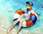  afloat barefoot blonde_hair blue_eyes blue_neckwear blue_sailor_collar blush breast_pocket bust_cup cabbie_hat commentary day fish foam food from_above hair_ornament hairclip hat highres holding holding_food innertube long_hair looking_at_viewer neckerchief ocean open_mouth original pocket popsicle sailor_collar sako_(user_ndpz5754) sand school_uniform serafuku shirt shore shorts soaking_hands solo summer sweat toenail_polish wet white_shirt white_shorts 