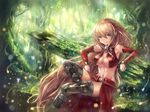  archer archer_(cosplay) arisa_(shadowverse) arm_support armpits backlighting bare_arms bare_shoulders black_footwear blonde_hair boots breasts closed_mouth cosplay day detached_sleeves fate/grand_order fate_(series) forest green_eyes leg_up light_particles long_hair long_sleeves looking_at_viewer medium_breasts nature navel open_clothes open_vest outdoors plant pointy_ears red_vest shadowverse smile solo stomach thigh_boots thighhighs tree underboob very_long_hair vest waist_cape yahiro_(666131415) 