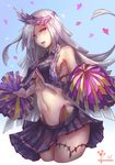  absurdres armpits bare_shoulders black_skirt blush breasts brynhildr_(fate) cheer_for_master cheerleader commentary_request cowboy_shot crop_top crop_top_overhang fate/grand_order fate_(series) headgear heart highres long_hair looking_at_viewer navel parted_lips pom_poms purple_eyes silver_hair skirt small_breasts smile solo stomach very_long_hair yuureiko 
