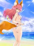  10s 1girl animal_ears ass bangs bikini blue_sky bracelet breasts caster_(fate/extra) cloud day erect_nipples eyebrows_visible_through_hair fate/extra fate_(series) fengya fox_ears fox_tail from_behind hair_between_eyes highres long_hair looking_at_viewer looking_back medium_breasts one_eye_closed open_mouth outdoors pink_hair sideboob sky smile solo standing swimsuit tail tamamo_no_mae_(swimsuit_lancer)_(fate) white_bikini yellow_eyes 