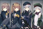  4girls armband assault_rifle brown_eyes brown_hair column_lineup cowboy_shot eyebrows_visible_through_hair g11_(girls_frontline) girls_frontline green_eyes gun hair_ornament hairclip hat hk416_(girls_frontline) holding holding_gun holding_weapon jacket long_hair looking_at_viewer multiple_girls one_eye_closed one_side_up open_mouth pantyhose pleated_skirt red_eyes rifle scar scar_across_eye silltare silver_hair sitting skirt standing submachine_gun teardrop tongue tongue_out twintails ump45_(girls_frontline) ump9_(girls_frontline) wavy_mouth weapon yellow_eyes 