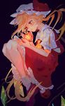  blonde_hair commentary crystal fetal_position flandre_scarlet full_body hat highres isshin_(kaxz) long_hair mob_cap neckerchief red_eyes side_ponytail skirt solo touhou wings 