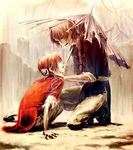  1girl :d black_pants braid brother_and_sister brown_eyes brown_hair eye_contact gintama grey_pants hair_between_eyes holding holding_umbrella kagura_(gintama) kamui_(gintama) leuco long_hair looking_at_another one_knee open_mouth oriental_umbrella pants ruins short_hair siblings side_braid single_braid smile torn_umbrella umbrella 