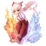  bangs bow closed_mouth fire fujiwara_no_mokou full_body hair_bow hands_in_pockets highres long_hair looking_at_viewer netamaru pants red_eyes red_pants shirt shoes smile solo touhou transparent_background very_long_hair white_bow white_hair white_shirt 