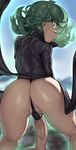  1girl absurdres ass bad_id bad_pixiv_id black_dress black_panties dress erection from_behind glo-s-s green_eyes green_hair hetero highres imminent_penetration imminent_sex imminent_vaginal large_penis looking_at_viewer looking_back one-punch_man panties partially_visible_anus partially_visible_vulva penis pov short_hair sketch solo_focus standing tatsumaki underwear 