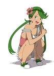  :d absurdres arm_support bare_arms bare_legs blush_stickers finger_to_mouth flower full_body green_eyes green_hair hair_flower hair_ornament heavy_breathing highres index_finger_raised jikatarou long_hair looking_at_viewer mao_(pokemon) off_shoulder open_mouth overalls pokemon pokemon_(game) pokemon_sm red_shirt shirt shoes shushing simple_background single_bare_shoulder smile solo squatting sweat twintails white_background 