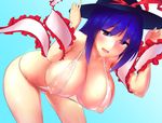  bare_legs bent_over black_hat blue_background blue_hair bow breasts cleavage covered_nipples cowboy_shot gradient gradient_background hat hat_bow highres large_breasts leaning_forward looking_at_viewer nagae_iku nyogorajima red_bow red_eyes shawl slingshot_swimsuit solo swimsuit touhou white_background white_swimsuit 