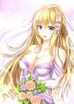  bare_shoulders blonde_hair blue_eyes bouquet breasts bridal_veil bride dress elbow_gloves flower formal gloves highres large_breasts long_hair looking_at_viewer muwa12 neptune_(series) smile solo strapless strapless_dress veil vert wedding wedding_dress white_dress white_gloves 