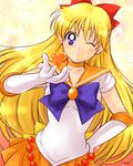  aino_minako bishoujo_senshi_sailor_moon blonde_hair blue_bow blue_eyes blue_neckwear bow bowtie choker collarbone elbow_gloves eyebrows_visible_through_hair gloves hair_between_eyes hair_bow hand_on_hip highres long_hair masateruteru miniskirt one_eye_closed orange_ribbon orange_skirt parted_lips pleated_skirt red_bow ribbon ribbon_choker sailor_senshi_uniform sailor_venus shirt short_sleeves skirt solo standing very_long_hair white_gloves white_shirt 