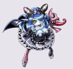  1girl :p appmon artist_request bandai blue_hair blue_skin breasts demon_girl digimon digimon_universe:_appli_monsters dress fangs female gothic_lolita hair_over_one_eye large_breasts lolita_fashion long_hair mienumon monster_girl pointy_ears puppet smile solo succubus tongue_out yellow_eyes 