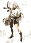  alternate_costume bag black_bow blue_eyes bow clothes_around_waist commentary eyebrows_visible_through_hair hair_over_one_eye hand_on_hip highres jacket_around_waist kneehighs loafers long_hair mole mole_under_mouth nier_(series) nier_automata plaid plaid_skirt pleated_skirt pod_(nier_automata) school_bag school_uniform shoes short_sleeves simple_background skirt tasaka_shinnosuke very_long_hair white_hair wristband yorha_type_a_no._2 