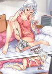  &lt;o&gt;_&lt;o&gt; :t akarui_kioku_soushitsu aldehyde bare_legs barefoot breasts brown_eyes chin_rest chopsticks cleavage collarbone comic_cune commentary company_connection curry eating eyebrows_visible_through_hair food futon hair_ornament highres holding holding_chopsticks indoors large_breasts long_hair looking_down lying manga_(object) midriff multiple_views navel neeko noodles on_side original ramen reading satou_mari short_shorts shorts silver_hair steam suzuki_arisa tank_top 