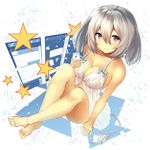  babydoll bangs barefoot blush breasts cleavage convenient_leg eyebrows_visible_through_hair large_breasts looking_at_viewer navel open_mouth pawoo pawoo-chan pink_eyes short_hair sidelocks smile solo star tsukimizu_(ordeal) white_hair 