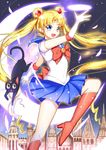  bishoujo_senshi_sailor_moon blonde_hair blue_eyes blue_skirt boots bow bowtie cat double_bun elbow_gloves eyebrows_visible_through_hair floating_hair gloves greetload high_heel_boots high_heels highres knee_boots long_hair luna_(sailor_moon) miniskirt petals pleated_skirt red_bow red_neckwear sailor_moon sailor_senshi_uniform school_uniform serafuku shiny shiny_clothes shirt short_sleeves skirt solo twintails very_long_hair white_gloves white_shirt 