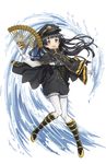  :d arisugawa_kaoru black_bow black_eyes black_footwear black_hair black_hat boots bow fan full_body gloves hand_up hat highres knee_boots long_hair looking_at_viewer military military_hat military_uniform official_art open_mouth pantyhose princess_principal princess_principal_game_of_mission smile standing transparent_background uniform water white_gloves 
