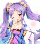  bow breasts chinese_clothes cleavage collarbone fate/grand_order fate_(series) hanfu long_hair long_sleeves looking_at_viewer maruchan. one_eye_closed open_mouth purple_eyes purple_hair sash shawl small_breasts smile solo twintails very_long_hair white_background wide_sleeves wu_zetian_(fate/grand_order) 