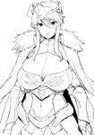  ahoge armor artoria_pendragon_(all) artoria_pendragon_(lancer) breasts cape cleavage commentary_request crown fate/grand_order fate_(series) fur_trim greyscale huge_breasts monochrome navel obmas_(pfeito) sketch 