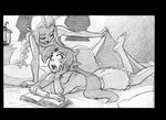  antenna_hair ass barefoot bloomers book bracelet braid breasts circlet closed_eyes eyelashes flat_ass forehead_jewel greenlittle greyscale hair_down jewelry lantern long_hair lying monochrome multiple_girls on_stomach open_book open_mouth pajamas pointy_ears shantae_(character) shantae_(series) sketch sky_(shantae) sleepover small_breasts the_pose underwear 
