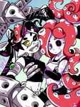  2girls ;d aori_(splatoon) arm_up armband armor artist_name belt bike_shorts black_hair black_sclera blue_background blurry blurry_foreground cosplay crossed_arms depth_of_field domino_mask earrings elbow_gloves fangs fingerless_gloves food food_on_head gloves green_eyes hand_on_hip head_tilt heterochromia highres holding jewelry long_hair looking_at_viewer mask mechanical_tentacles midriff mole mole_under_eye multiple_girls navel object_on_head octarian octoling one_eye_closed open_mouth pancake pancake_(zoza) partially_colored pointy_ears red_hair shirt signature sleeveless sleeveless_shirt smile splatoon_(series) splatoon_2 standing sunglasses sushi takozonesu takozonesu_(cosplay) tattoo tentacle_hair upper_body very_long_hair yellow_eyes zoza 