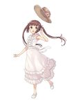  :o bangs blunt_bangs bow bowtie brown_eyes brown_hair dress flower frilled_dress frills full_body hand_up hat hat_flower hat_removed headwear_removed highres kisaragi_(princess_principal) long_hair looking_at_viewer official_art princess_principal princess_principal_game_of_mission shoes solo standing standing_on_one_leg straw_hat transparent_background twintails white_bow white_dress white_footwear white_neckwear 
