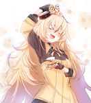  :d ^_^ arm_up bangs black_gloves black_shirt blonde_hair blush closed_eyes collared_shirt commentary_request dayongqi eyebrows_visible_through_hair fang fidget_spinner girls_frontline gloves hair_between_eyes hair_ornament hand_up highres long_hair messy_hair military military_uniform open_mouth orange_gloves orange_shirt s.a.t.8_(girls_frontline) shirt sleeves_past_elbows smile solo uniform upper_body very_long_hair 