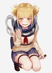  bangs blonde_hair blunt_bangs blush boku_no_hero_academia double_bun eyebrows_visible_through_hair fangs full_body grey_background highres holding holding_weapon knife loafers long_sleeves looking_at_viewer messy_hair neckerchief nose_blush open_mouth pleated_skirt scarf school_uniform shoes short_hair shoutai_(7490773) simple_background skirt smile socks solo squatting sweater teeth thigh_strap toga_himiko weapon yellow_eyes 