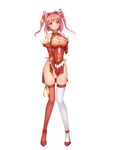  1girl asymmetrical_legwear bare_shoulders blush breasts bridal_gauntlets china_dress chinese_clothes cleavage cleavage_cutout full_body hoshikawa_hikayu looking_at_viewer medium_breasts official_art pink_eyes pink_hair re:creators revealing_clothes ribbon side_slit smile solo standing thighhighs twintails 