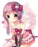  :o ahoge bangs bare_shoulders between_legs black_gloves blush bow bracelet breasts bunny_hair_ornament cleavage commentary_request criss-cross_halter dress elbow_gloves eyebrows_visible_through_hair frills gloves hair_bow hair_ornament halterneck hand_between_legs happy_birthday ikari_(aor3507) jewelry leaning_forward long_hair looking_at_viewer low_twintails medium_breasts necklace parted_lips pearl_bracelet pearl_necklace pink_dress purple_eyes purple_hair red_bow sitting solo striped thigh_strap thighhighs twintails v_arms vertical-striped_dress vertical_stripes vocaloid voiceroid wariza white_legwear x_hair_ornament yuzuki_yukari 