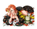  bangle black_kimono bodskih bracelet breasts brown_eyes chin_rest cleavage collarbone flower japanese_clothes jewelry kimono kiseru large_breasts log_pose long_hair looking_at_viewer lying nami_(one_piece) on_side one_piece orange_flower orange_hair pipe pipe_in_mouth ponytail smile smoking tattoo transparent_background yellow_flower 