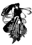  boots d.gray-man floating_hair greyscale hair_between_eyes head_tilt knee_boots lenalee_lee long_hair looking_at_viewer monochrome musashi_(detks) simple_background sitting solo thigh_strap twintails very_long_hair white_background 