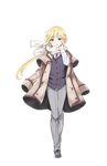  androgynous blonde_hair blue_eyes chris_(princess_principal) full_body grey_footwear grey_pants highres jacket_on_shoulders long_hair looking_at_viewer official_art pants ponytail princess_principal princess_principal_game_of_mission scarf shoes solo standing striped transparent_background trench_coat vertical_stripes vest white_scarf 