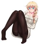  aqua_eyes blonde_hair braid looking_at_viewer no_shoes off-shoulder_shirt off_shoulder original panties panties_under_pantyhose pantyhose ribbed_sweater shirt sweater thighband_pantyhose toono_suika underwear 