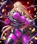  1girl artist_request blonde_hair blush bodysuit breasts chains character_request crossed_arms curvy elbow_gloves female green_eyes huge_breasts kunai lilith-soft long_hair looking_at_viewer sano_toshihide shiny_skin simple_background smile taimanin_(series) taimanin_asagi taimanin_asagi_battle_arena weapon white_background white_skin 