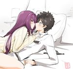  1boy 1girl aqua_eyes bed black_hair blush closed_mouth couple eyebrows_visible_through_hair face-to-face fate/grand_order fate_(series) fujimaru_ritsuka_(male) girl_on_top grey_panties hetero incipient_kiss long_sleeves looking_at_another lying lying_on_person male_protagonist_(fate/grand_order) on_back on_bed panties panties_removed pillow purple_hair red_eyes scathach_(fate/grand_order) sweater turtleneck_sweater type-moon uniform white_clothes white_uniform 