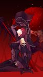  1girl arm_up black_background blue_hair bodysuit chest_tattoo closed_eyes cu_chulainn_alter_(fate/grand_order) fate/grand_order fate_(series) gradient gradient_background high_heels holding holding_weapon hood kneeling lancer long_hair polearm profile purple_bodysuit purple_hair red_background scathach_(fate)_(all) scathach_(fate/grand_order) sitting spear stabbed tattoo weapon xion32 