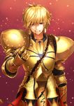  arm_at_side armor bangs beckoning black_gloves blonde_hair blood blood_from_mouth breastplate broken_armor commentary_request earrings eyebrows_visible_through_hair eyes_visible_through_hair fate/stay_night fate_(series) faulds gauntlets gilgamesh gloves gold_armor gradient gradient_background hair_between_eyes hand_up highres hyp injury jewelry light_particles long_sleeves looking_at_viewer male_focus outstretched_arm outstretched_hand parted_lips pauldrons red_background red_eyes smile solo standing 