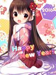  2016 :d blush brown_hair commentary_request earrings eyebrows_visible_through_hair floral_background floral_print flower from_side fur_collar hair_between_eyes hair_flower hair_ornament hakama_skirt halftone happy_new_year hexagon ikari_(aor3507) japanese_clothes jewelry kimono long_hair long_sleeves looking_at_viewer looking_to_the_side nengajou new_year no_shoes open_mouth original pink_kimono polka_dot print_kimono red_eyes short_kimono sitting smile solo thighhighs very_long_hair wariza white_legwear wide_sleeves 