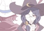  blue_hair closed_mouth dual_persona finger_to_mouth glasses hat highres little_witch_academia long_hair looking_at_viewer multiple_girls pale_color red_eyes shiny_chariot shushing simple_background smile spoilers tasaka_shinnosuke ursula_charistes white_background white_hat witch witch_hat 