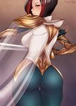  1girl armor ass black_hair blue_eyes blush breasts cameltoe cape erect_nipples fiora_laurent from_behind gauntlets hina_kitty large_breasts league_of_legends looking_at_viewer looking_back multicolored_hair pants parted_lips red_hair shiny shiny_hair short_hair sideboob smile solo sweatdrop sword tight_pants weapon 