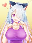  animal_ears blush breasts cat_ears cleavage collarbone commentary_request dated eyebrows_visible_through_hair eyelashes fake_animal_ears fangs hair_over_one_eye hands_up heart highres huge_breasts long_hair looking_at_viewer open_mouth original paw_pose purple_eyes purple_shirt shirt signature silver_hair simple_background sleeveless sleeveless_shirt solo upper_body yellow_background zuizhong 