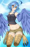  ahoge alina_pegova blue_hair blue_wings breasts brown_eyes camisole day feathered_wings feathers flying full_body grin groin hair_between_eyes harpy medium_breasts monster_girl monster_musume_no_iru_nichijou navel outdoors papi_(monster_musume) scales short_hair short_shorts shorts sky smile solo talons winged_arms wings 