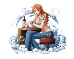  arm_tattoo bangle bikini_top blue_pants bodskih bottle bracelet brown_eyes bubble collarbone crossed_legs earrings glass groin head_rest jewelry log_pose long_hair midriff nami_(one_piece) navel one_piece open_mouth orange_hair pants sitting solo stomach tattoo transparent_background 