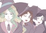  barbara_parker black_eyes blonde_hair brown_eyes brown_hair closed_mouth diana_cavendish green_eyes hanna_england hat highres light_green_hair little_witch_academia long_hair looking_at_viewer multicolored_hair multiple_girls one_eye_closed open_mouth pale_color simple_background smile tasaka_shinnosuke two-tone_hair white_background witch_hat 