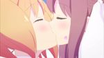  2girls blonde_hair blush close-up couple eyes_closed flower_petals hair_ornament kiss long_hair multiple_girls mutual_yuri official petals pigtails pink_hair ribbon sakura_trick screencap short_hair sky sonoda_yuu takayama_haruka yuri 